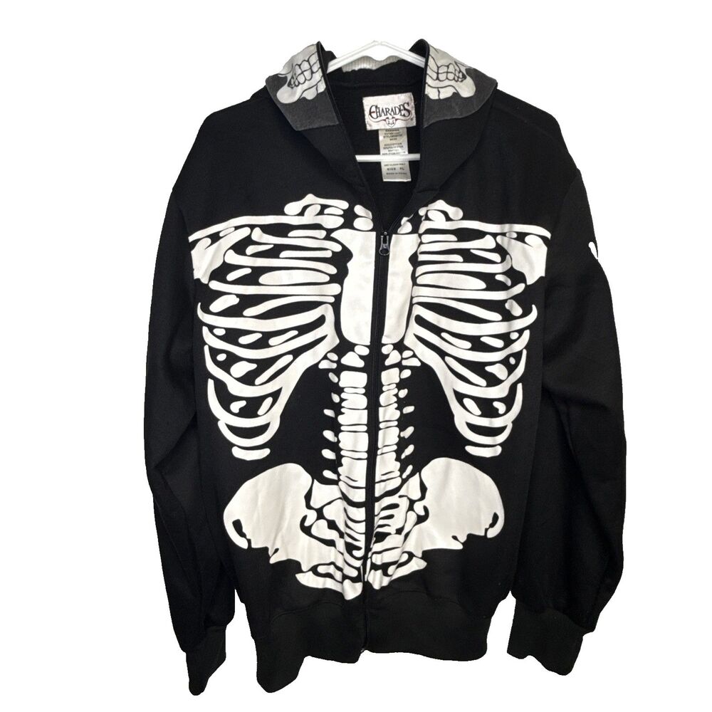 Vintage 90s Charades Mens Size XL Full Zip Skeleton Hoodie Halloween Costume Vtg